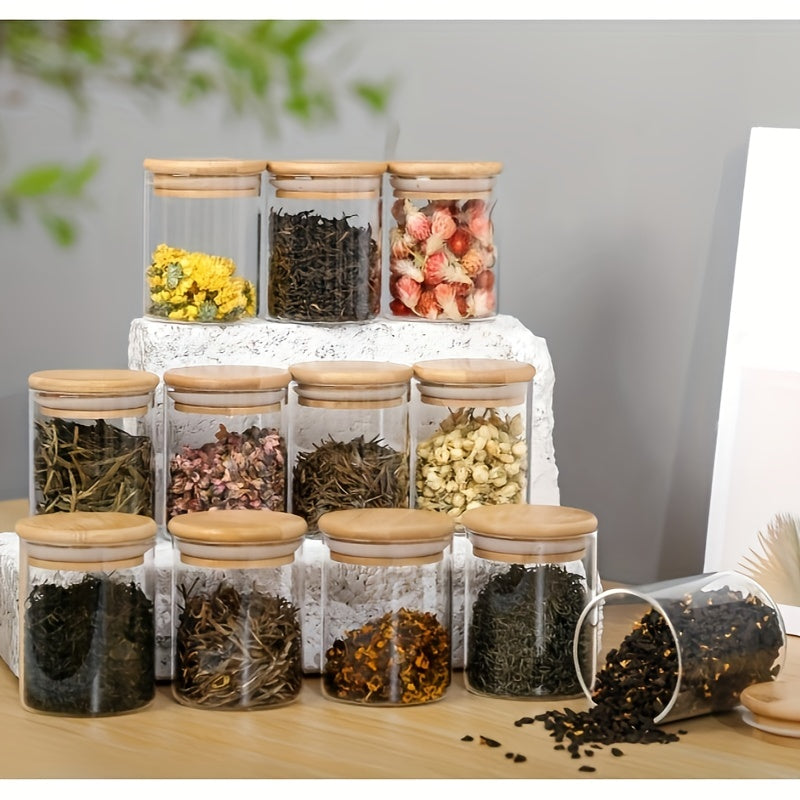 Conjunto De 12 Potes De Armazenamento Com Tampa De Bambu 240ML