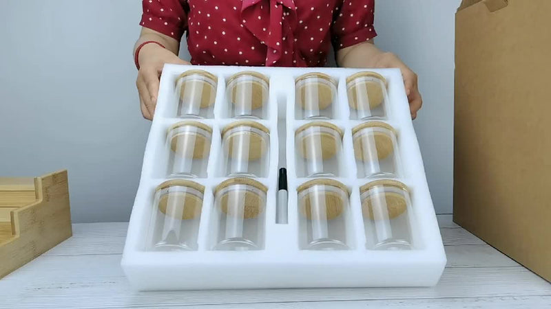 Conjunto De 12 Potes De Armazenamento Com Tampa De Bambu 240ML