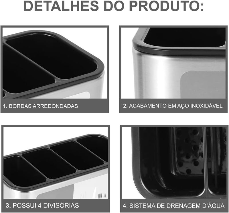 Porta-Talheres De Inox Escorredor Com 4 Divisórias E Drenagem