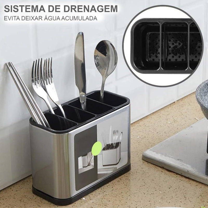 Porta-Talheres De Inox Escorredor Com 4 Divisórias E Drenagem