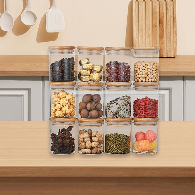 Conjunto De 12 Potes De Armazenamento Com Tampa De Bambu 240ML