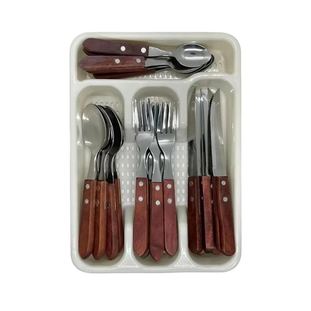 Jogo de Talheres 25 Peças Inox com Cabo de Madeira