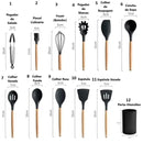 Kit 12 Peças Colheres E Utensílios Para Cozinha De Silicone Cabo Em Madeira