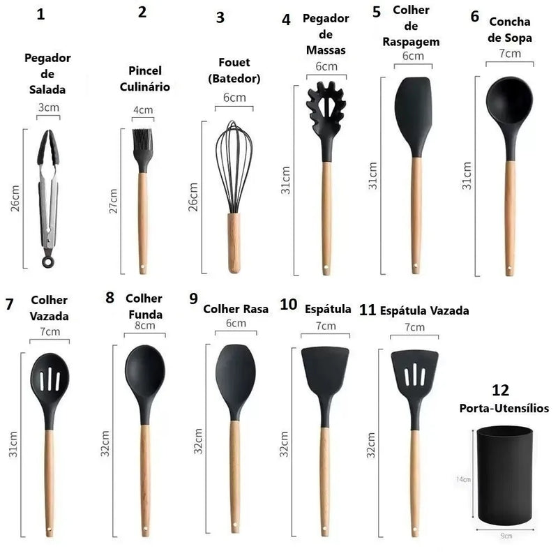 Kit Jogo Conchas Utensílios De Cozinha Em Silicone E Madeira