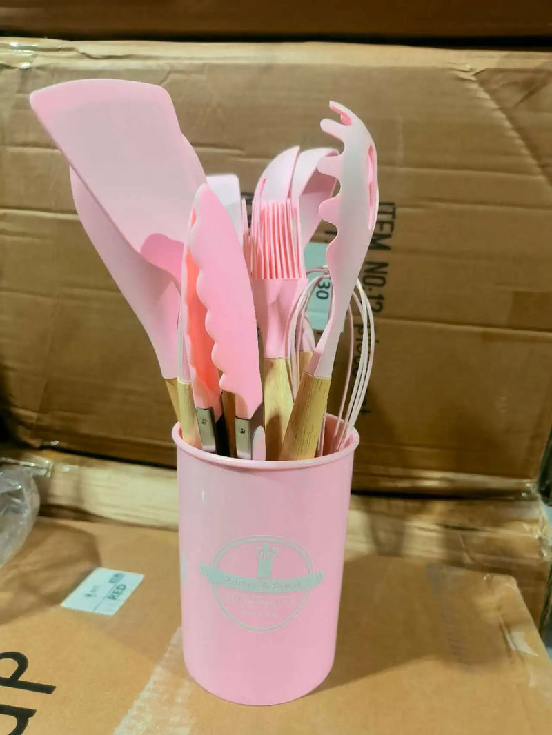 Kit Jogo Conchas Utensílios De Cozinha Em Silicone E Madeira