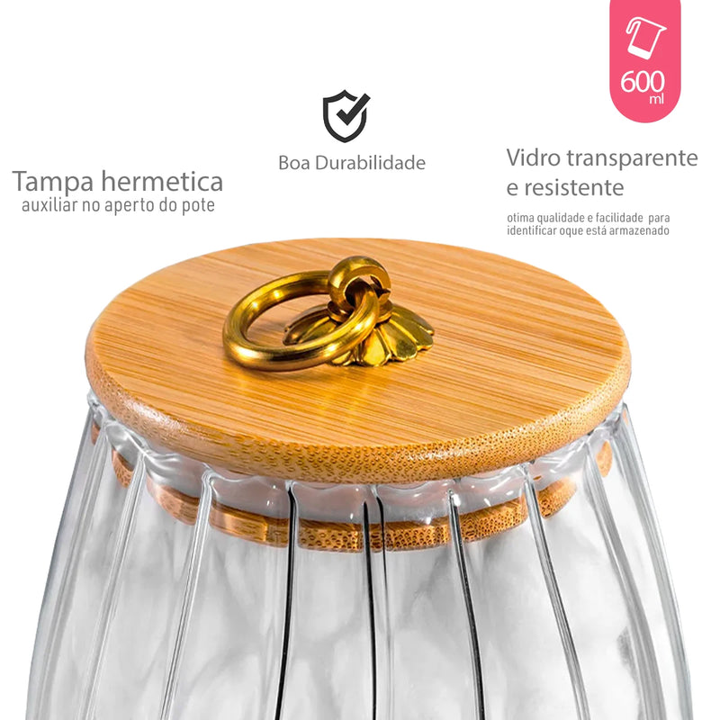 Pote Vidro Tampa Bambu Hermético 600ML