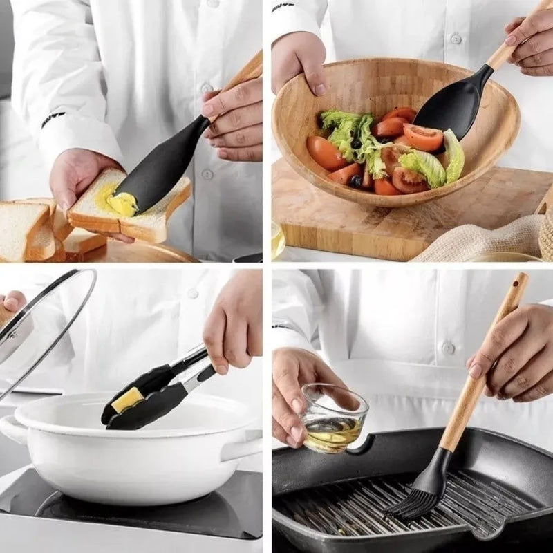 Kit Jogo Conchas Utensílios De Cozinha Em Silicone E Madeira