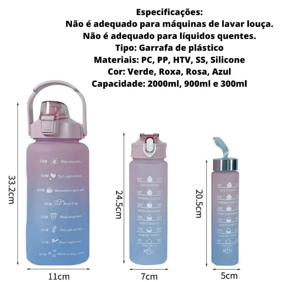 Kit Garrafas 3 em 1 Garrafas 2L 900ml 300ml Squeze
