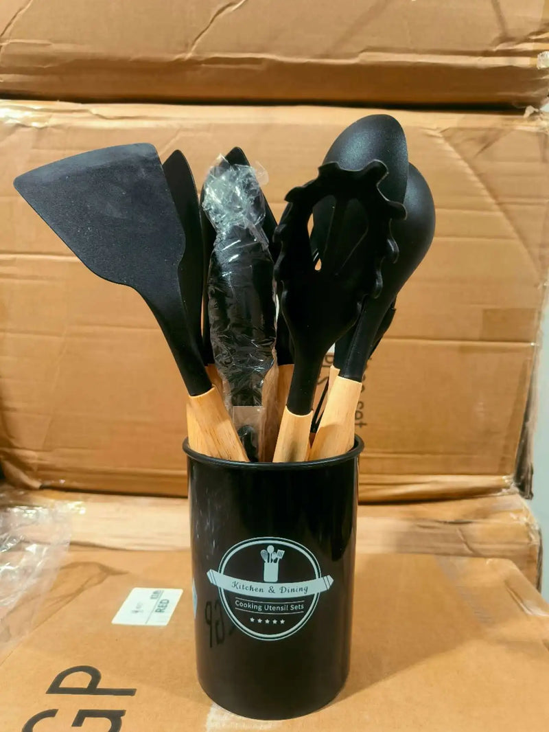 Kit Jogo Conchas Utensílios De Cozinha Em Silicone E Madeira