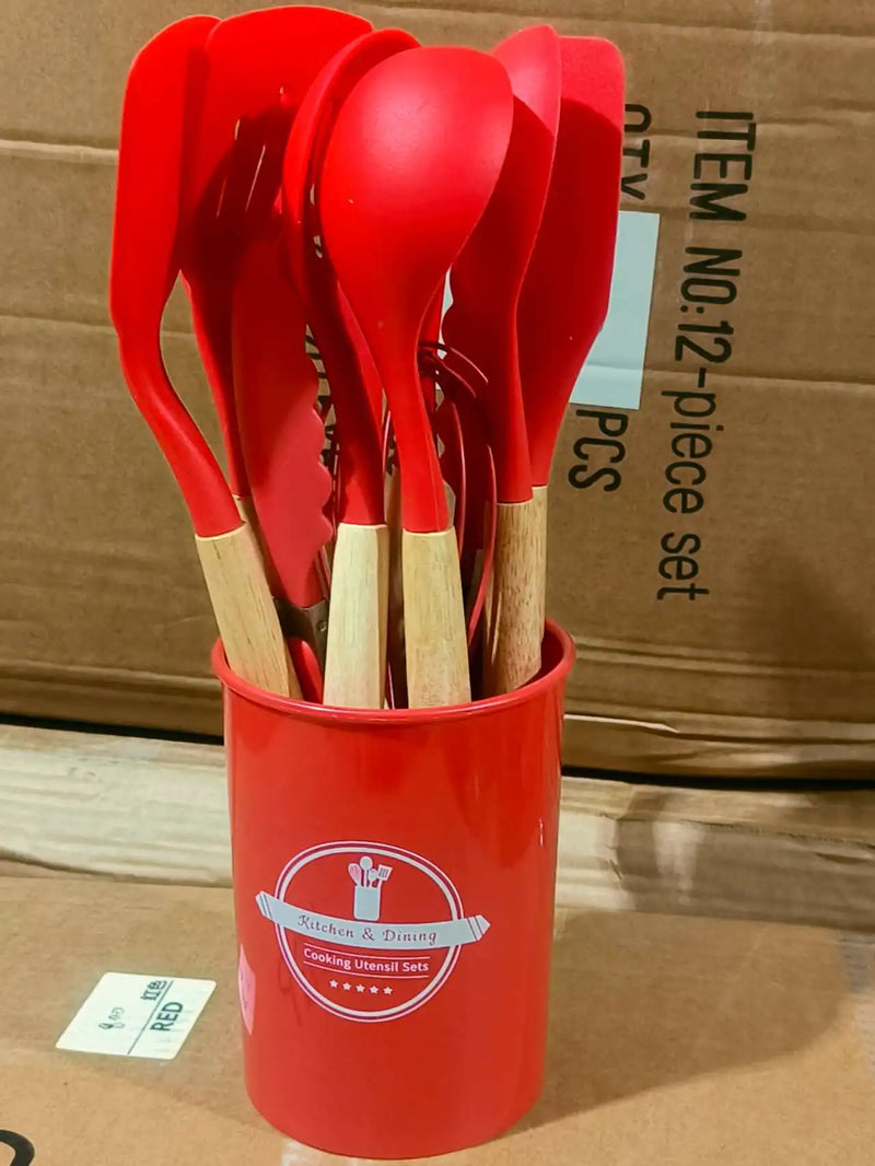 Kit Jogo Conchas Utensílios De Cozinha Em Silicone E Madeira