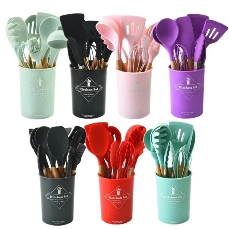 Kit Jogo Conchas Utensílios De Cozinha Em Silicone E Madeira