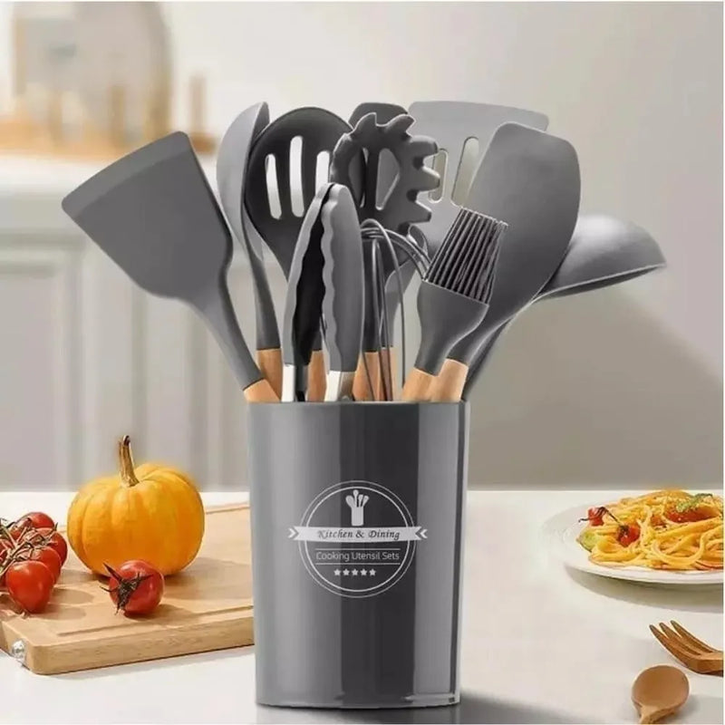Kit Jogo Conchas Utensílios De Cozinha Em Silicone E Madeira
