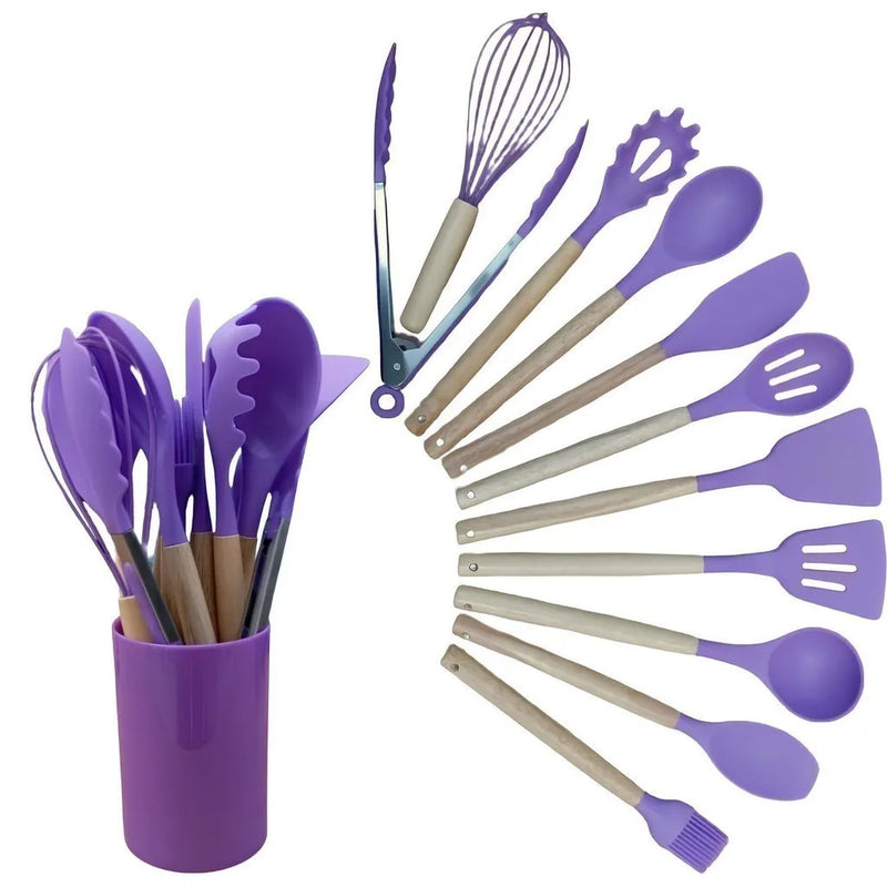 Kit Jogo Conchas Utensílios De Cozinha Em Silicone E Madeira