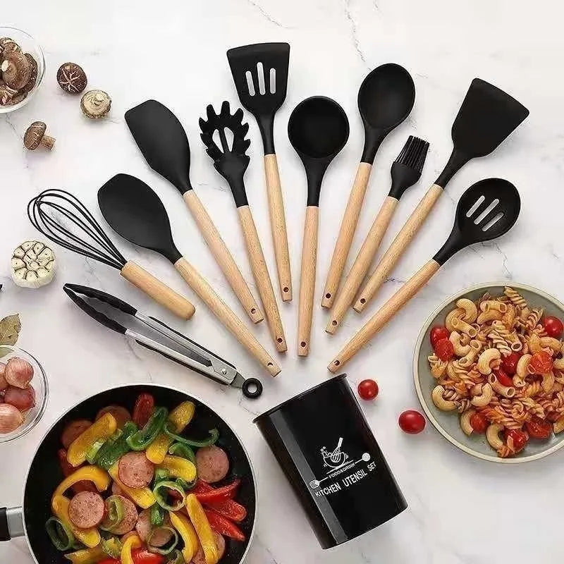 Kit Jogo Conchas Utensílios De Cozinha Em Silicone E Madeira