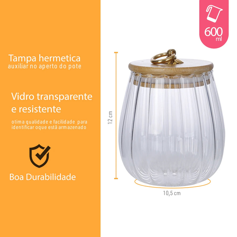 Pote Vidro Tampa Bambu Hermético 600ML