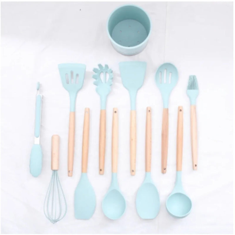 Kit Jogo Conchas Utensílios De Cozinha Em Silicone E Madeira