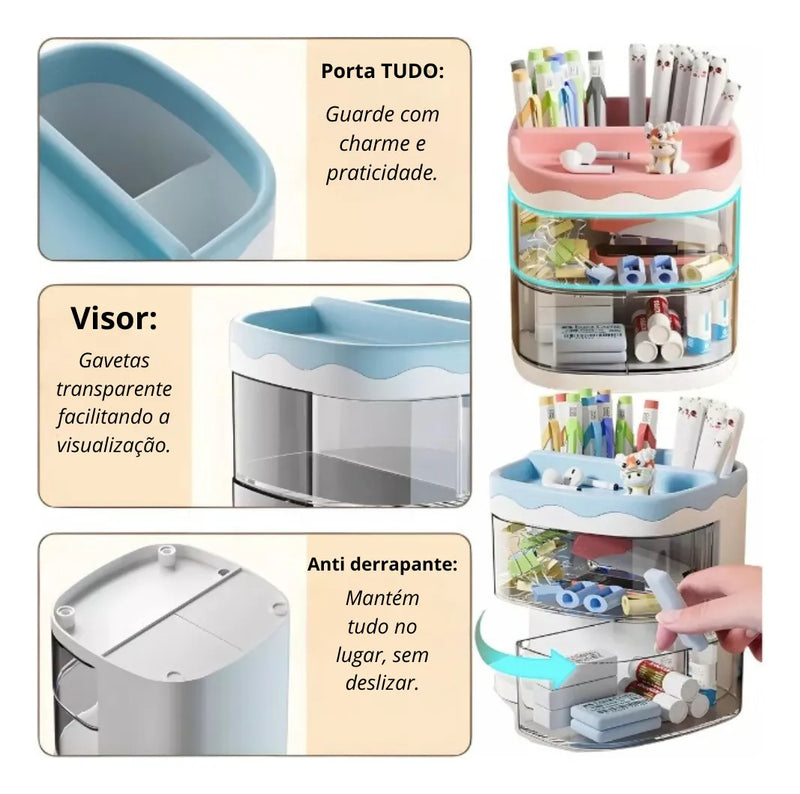 Organizador de Mesa Multiuso – Porta-Lápis com Gaveta e Divisórias