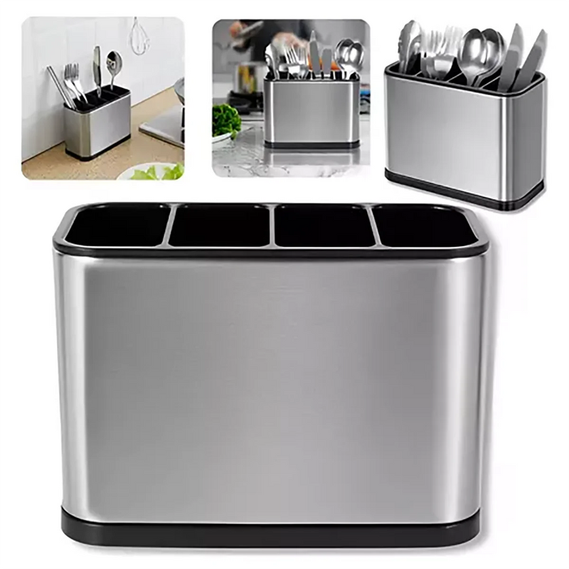 Porta-Talheres De Inox Escorredor Com 4 Divisórias E Drenagem