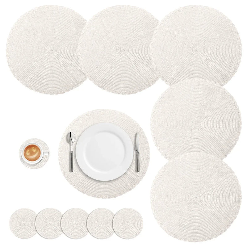 Kit 6 Jogos Americanos Redondos com Porta-Copos – Trançados, Laváveis e Térmicos