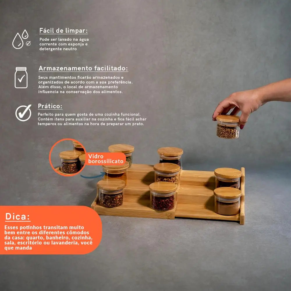 Kit 9 Potes Herméticos com Tampa e Suporte de Bambu