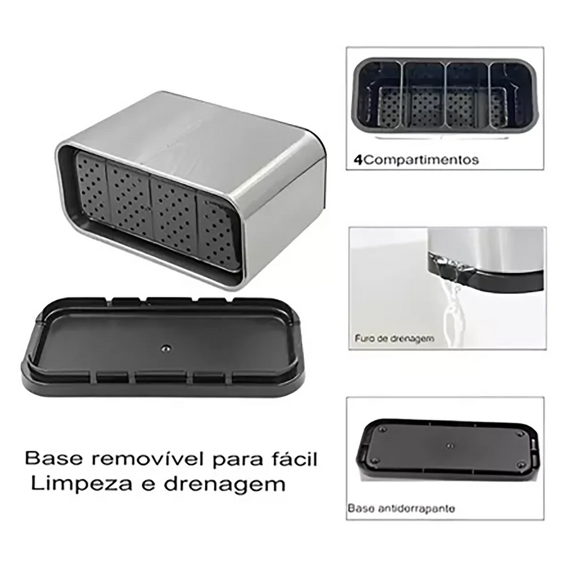 porta talheres inox escorredor"

"organizador de talheres com dreno"

"escoderredor profissional para restaurante"

"porta talheres 4 divisórias"

"acessório de cozinha inoxidável"