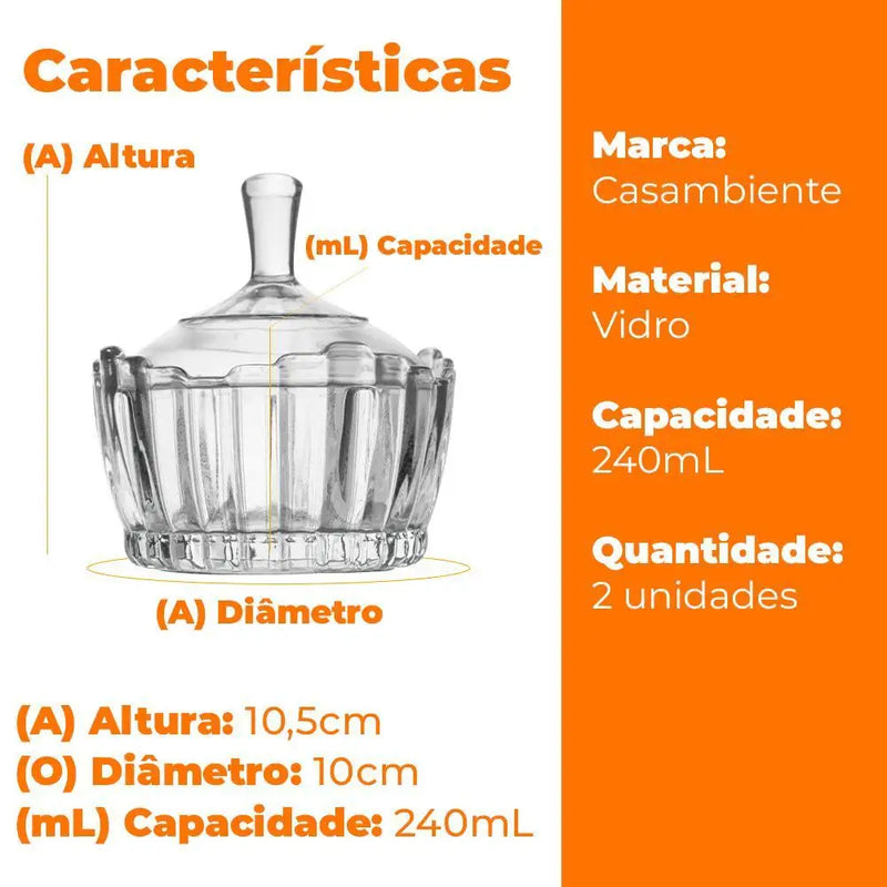 Baleiro Bomboniere Potiche Em Vidro 2 Peças