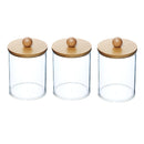 Kit 03 Frasco Redondo Acrílico Transparente Com Tampa De Madeira