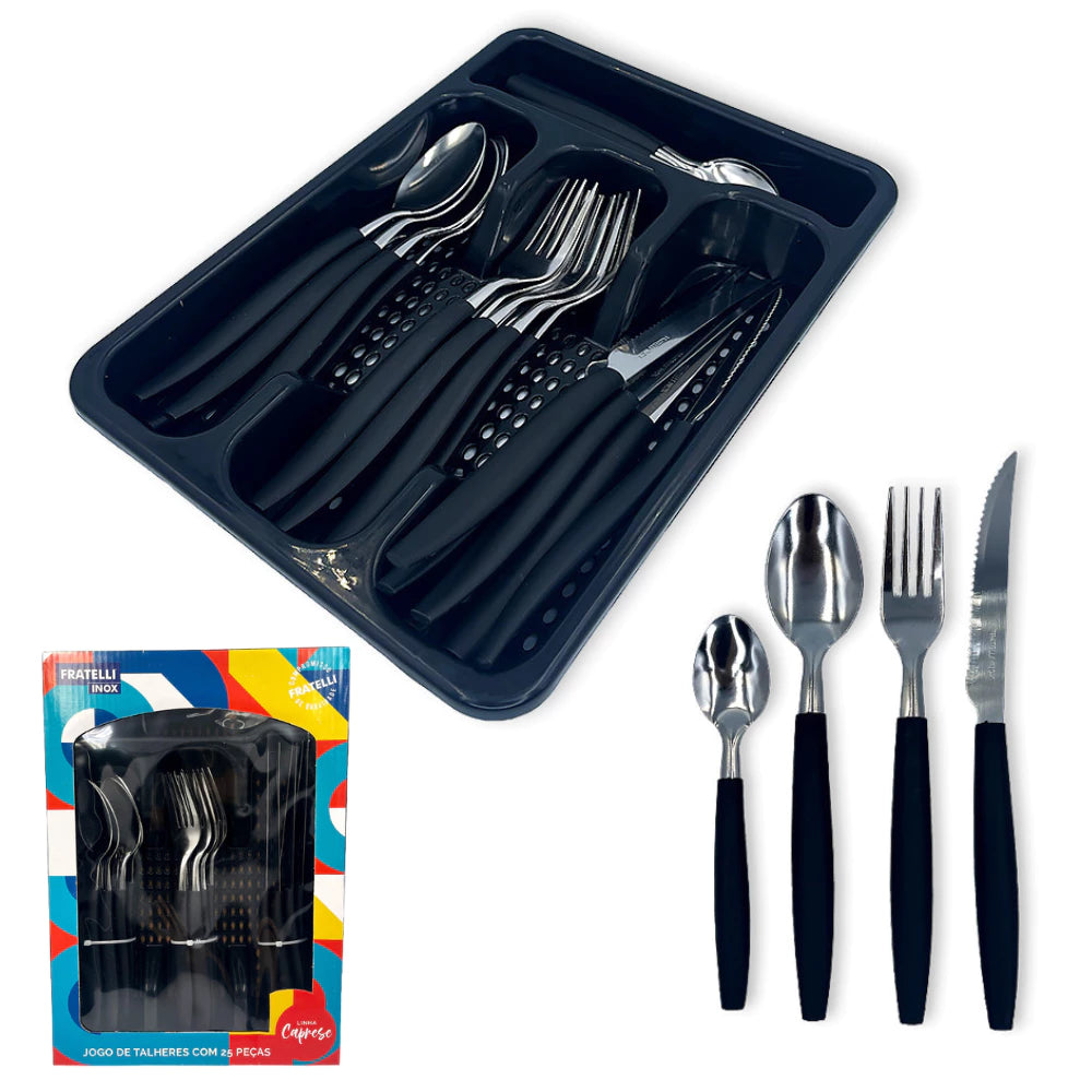 Jogo De Talheres Inox Com 24 Peças e Porta Faqueiro