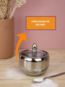 Açucareiro De Luxo Aço Inox Com Tampa De Vidro