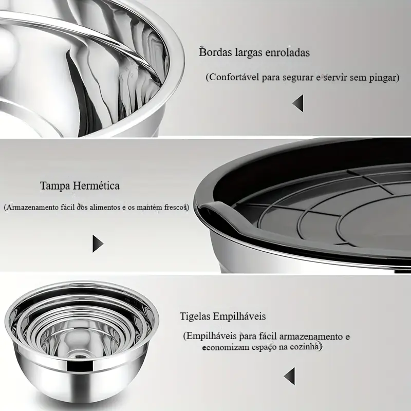 Conjunto de 5 Tigelas de Aço Inoxidável com Tampa