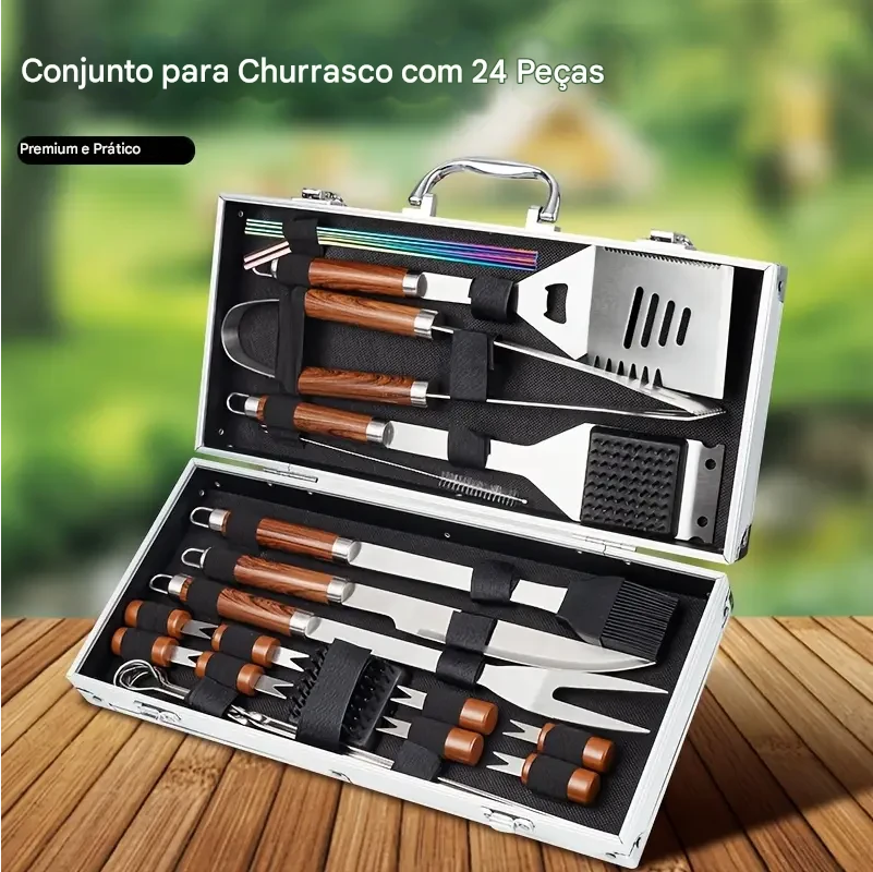 Maleta Churrasco Profissional 25 Peças em Aço Inox