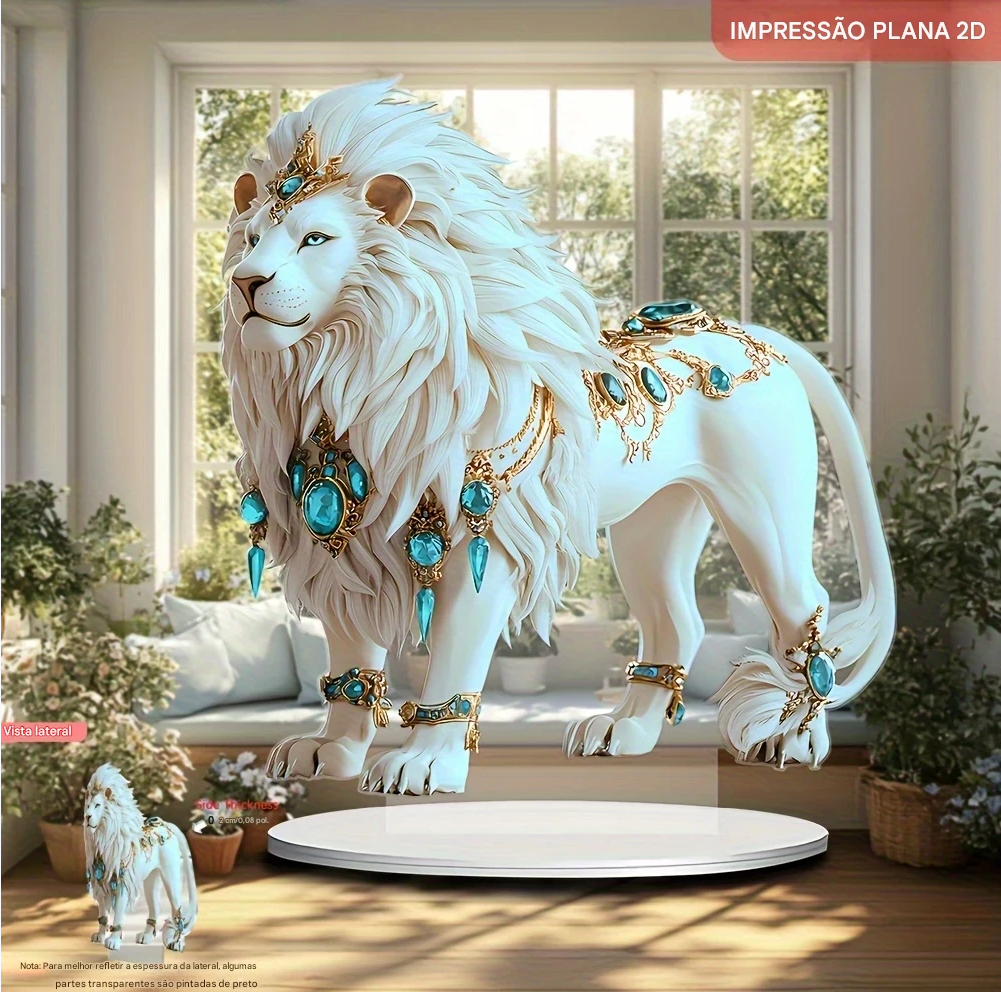 Estátua Acrílica De Leão Branco Estilo Boêmio Plana Em 2D