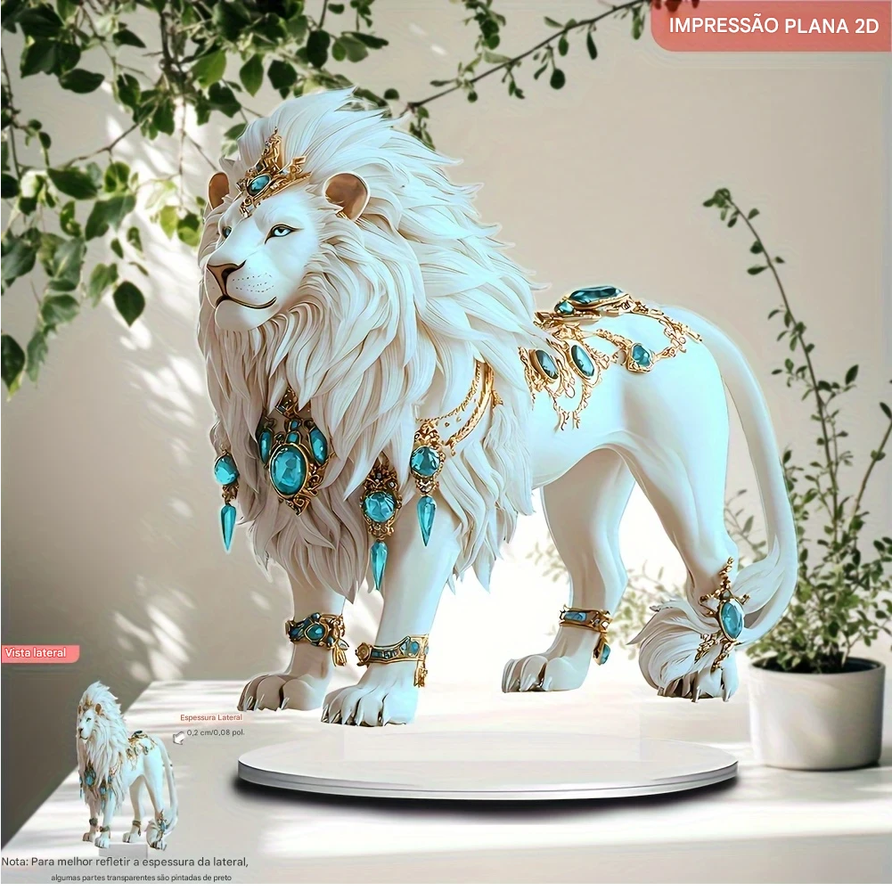 Estátua Acrílica De Leão Branco Estilo Boêmio Plana Em 2D