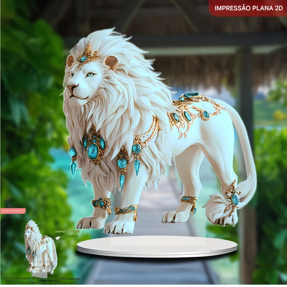 Estátua Acrílica De Leão Branco Estilo Boêmio Plana Em 2D