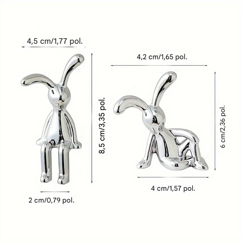 Conjunto Moderno De 2 Estatuetas De Coelho De Resina Folheada A Prata